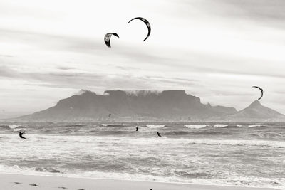 Kite surfers viewed from bloubergstrand with table mountain in the background