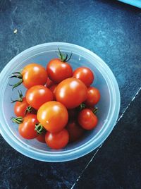 High angle view of tomatoes in bowl on table