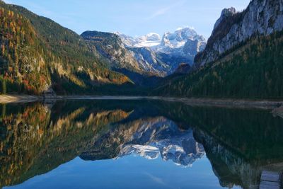 Scenic view of lake and mountains against sky