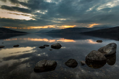 Scenic view of lake against sky during sunset