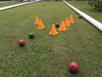 High angle view of multi colored ball on field