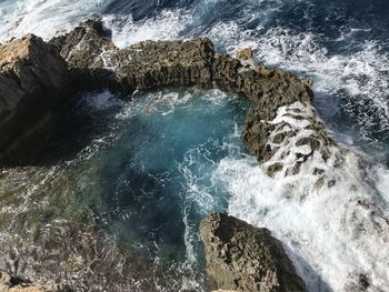 High angle view of rock formation in sea