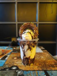 Close-up of ice cream on table