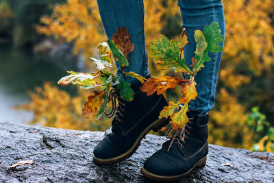 Girl in a yellow jacket and brown hat. a walk in the autumn mountains.