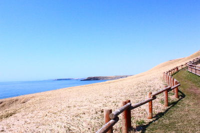 Scenic view of beach against clear blue sky