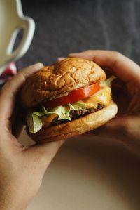 Close-up of hand holding burger