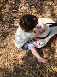 High angle view of baby girl sitting on field