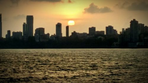 City skyline at sunset