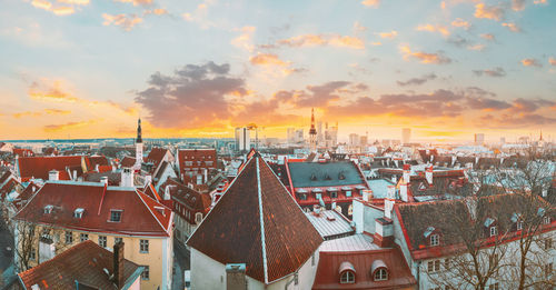 High angle view of townscape against sky during sunset