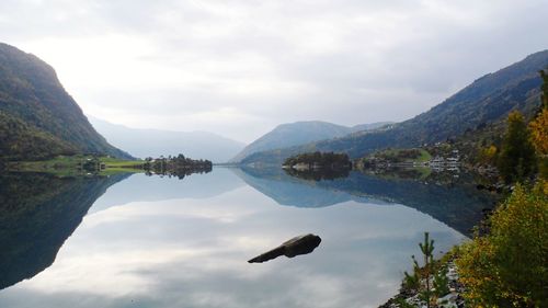 Scenic view of lake and mountains against sky