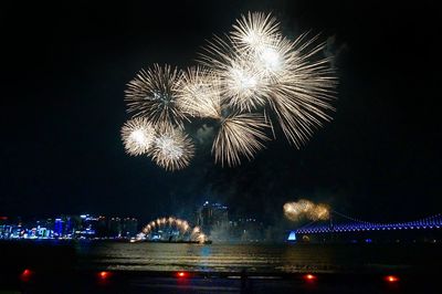 Low angle view of firework display over river at night