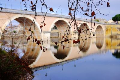 Reflection of bridge in river against sky