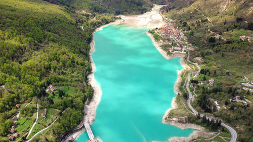 Barcis lake in a panoramic aerial view at valcellina-pordenone,place to visit on dolomites