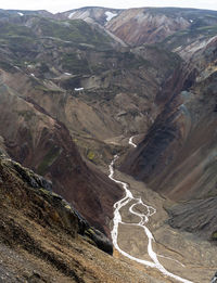 Creek is rushing down from melting snow patches in iceland's highlands