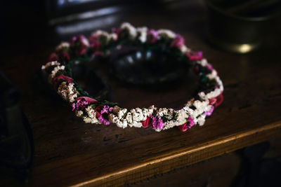 High angle view of pink flowers on table