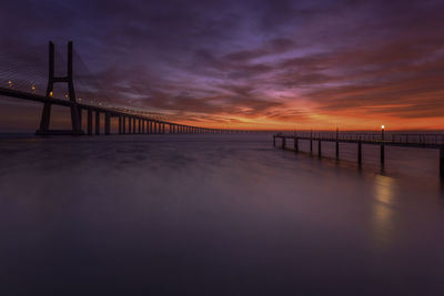 Bridge over calm sea at sunset