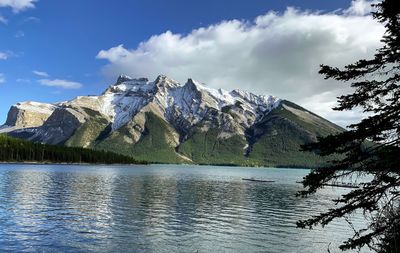 Scenic view of lake by mountains against sky