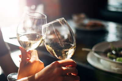 Midsection of woman holding wine glass