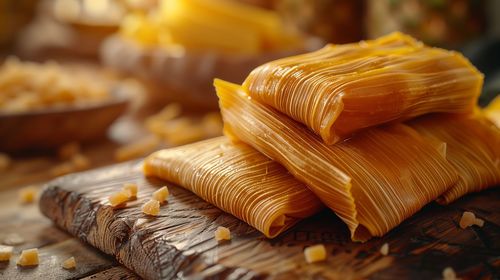 Mexican tamales. corn dough wrapped in corn leaves. the tamales are steamed.