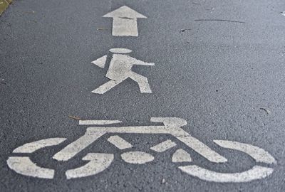 High angle view of arrow symbol on road