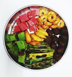 High angle view of chopped fruits in bowl