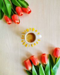 High angle view of tulips in vase on table