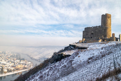 Buildings against sky during winter