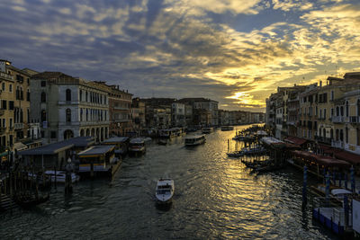 High angle view of canal amidst buildings against sky