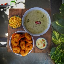 Close-up high angle view of food on table