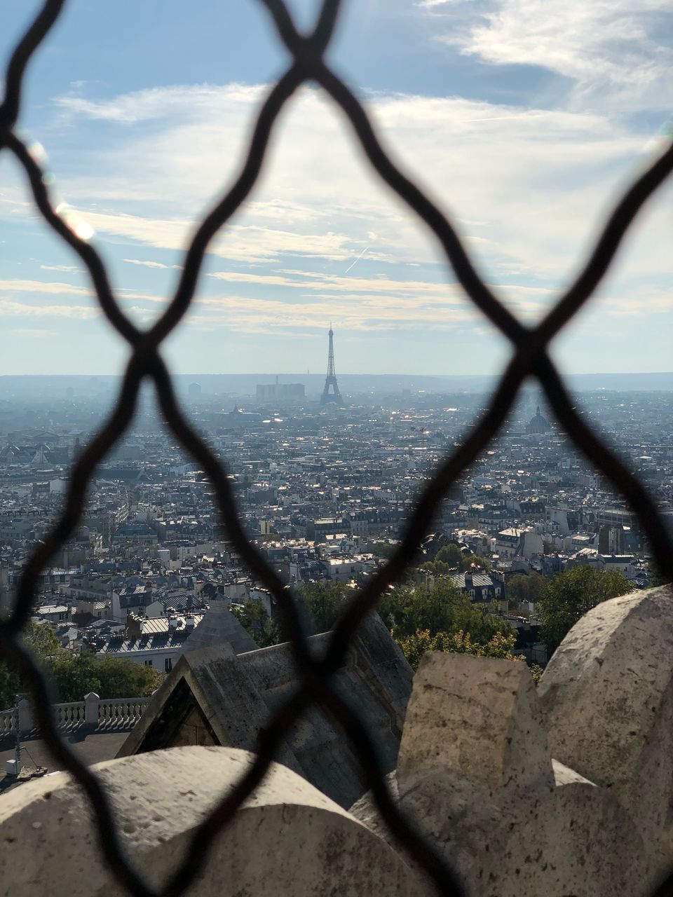 TREES AND FENCE BY BUILDING AGAINST SKY SEEN THROUGH METAL GRATE OF CHAINLINK