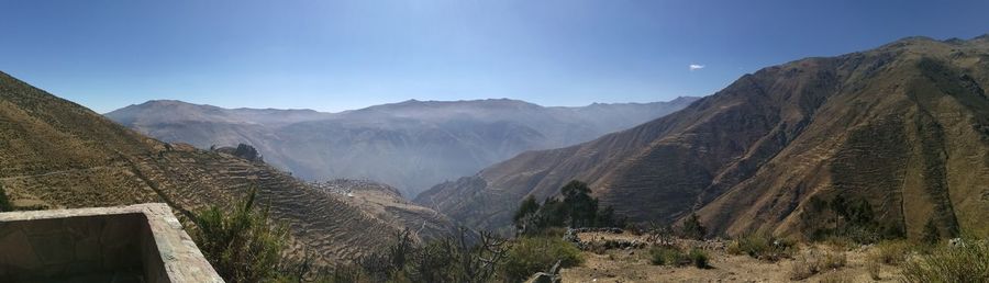 Panoramic view of mountains against clear sky