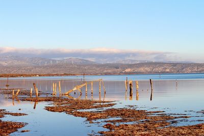 Scenic view of lake and mountains against sky