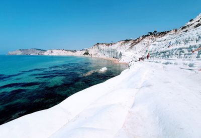 Scenic view of sea against clear blue sky