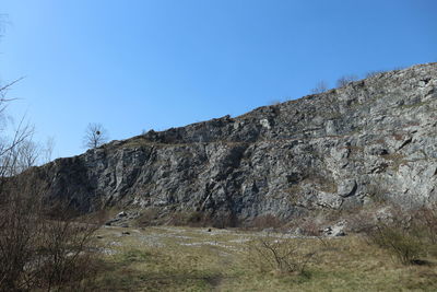 Low angle view of land against clear blue sky