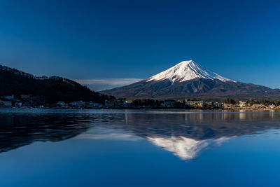 Scenic view of snowcapped mountains against blue sky