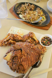 High angle view of meal served on table