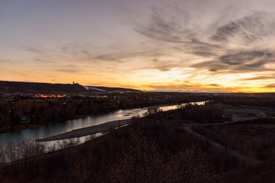 Scenic view of river against sky during sunset