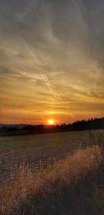 Scenic view of agricultural field against sky during sunset