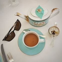 High angle view of coffee on table