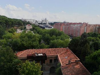 High angle view of old buildings in town