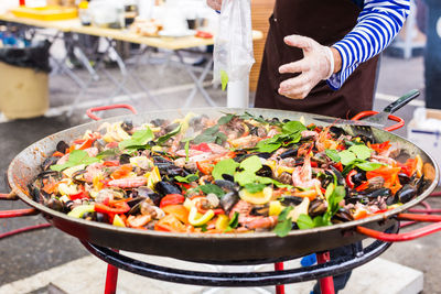 High angle view of food in cooking pan