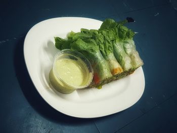 High angle view of breakfast served in plate