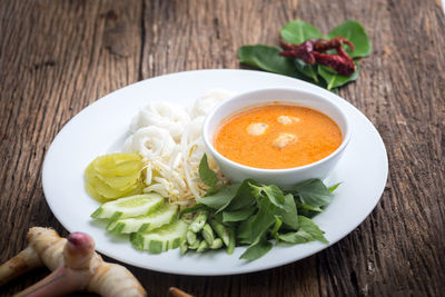 High angle view of soup in bowl on table