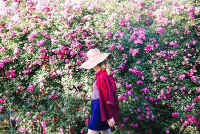 Woman standing by pink flowering plants