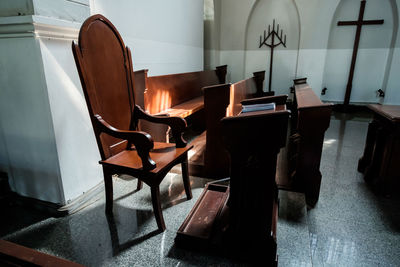 Empty chairs and table in restaurant