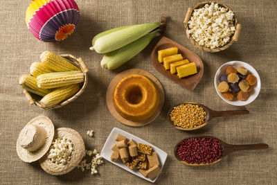 High angle view of breakfast on table