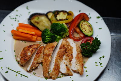 High angle view of food served in plate