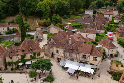 High angle view of houses in town