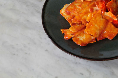 High angle view of breakfast in plate on table