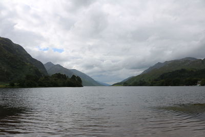 Scenic view of lake and mountains against sky